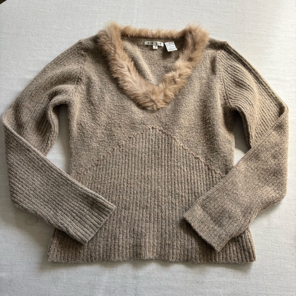Avalin Faux Fur Trim Sweater, Light Brown Knit Pullover, Size S | Cozy Chic